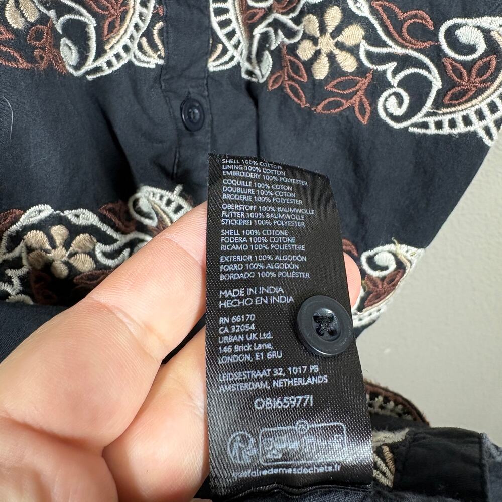 By Anthropologie Large Shirt Swing Midi Dress Black Cotton Embroidered Paisley - Picture 9 of 9